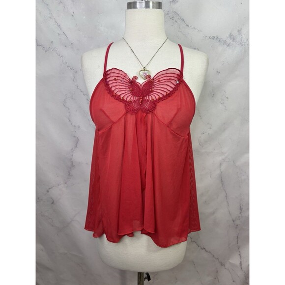 Y2K Rampage Babydoll Cami Top Red M Coquette Fairy gothic Butterfly Sheer Beaded - Picture 10 of 16